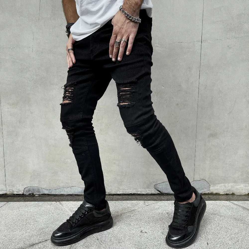 Men New High street Hip hop Style Ripped Skinny Pencil Jeans Men Stylish Slim Holes Casual Denim PantsXJ250707