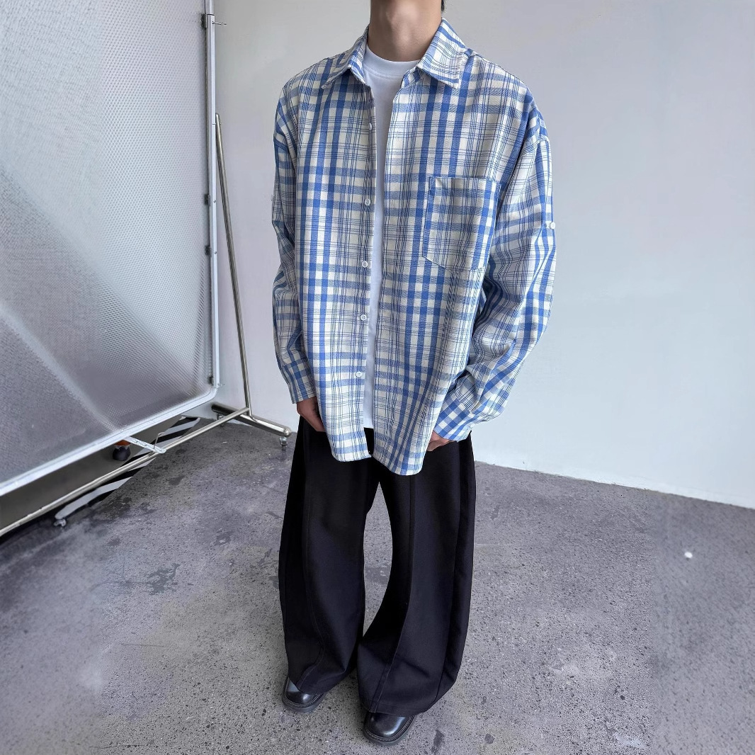Factory Direct Supply Spring Retro Lazy Versatile Blue Designer Short Sleeves Plaid Long Sleeve Shirt Men's Casual Loose Color-block Shirt Trendy
