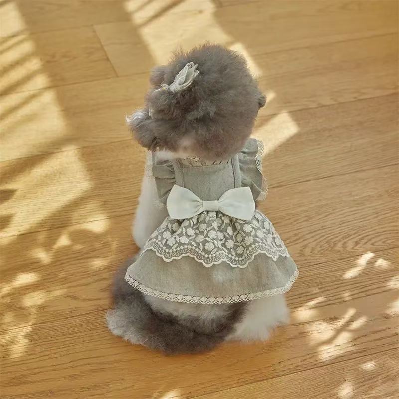 T640 Pet Clothes for Dogs and Cats Spring and Summer Lace Flying Sleeves Ladies Dress Small Teddy Bear