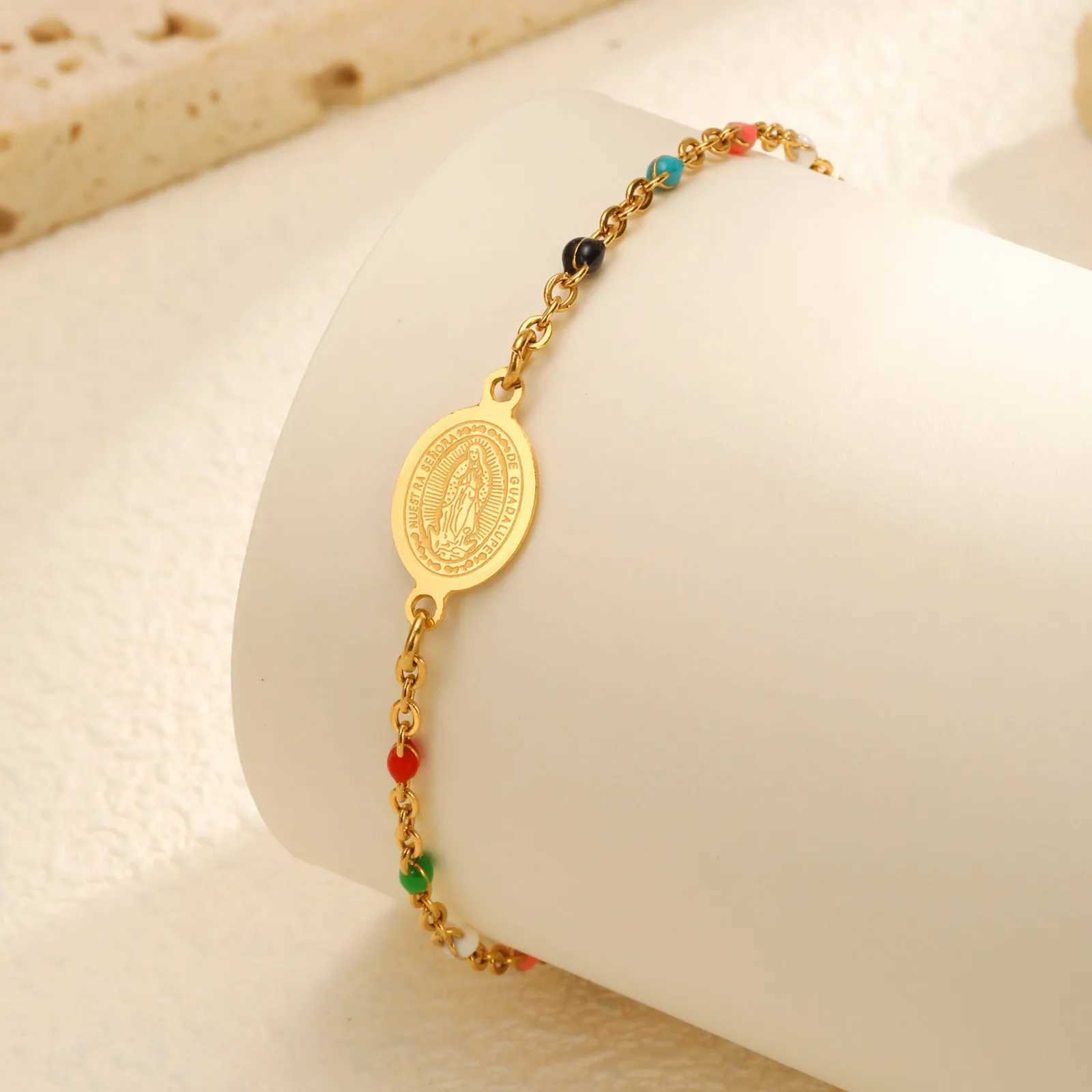 Bohemian Colored Bead Chains Virgin Bracelets for Women Gold Color Stainless Steel Bracelets Holy Christian Jewelry Gift XJ250707