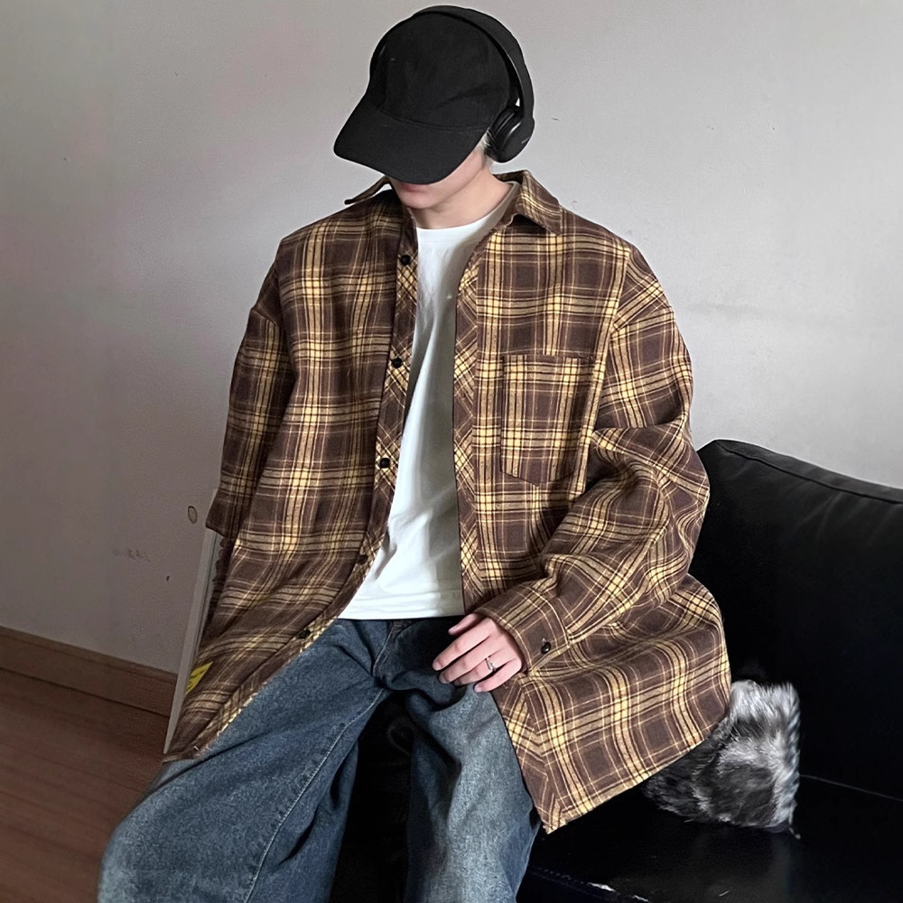 Navy Blue Long Sleeve Plaid Shirt Designer Short Sleeves Men Spring Autumn 2025 New Loose Fit Handsome Casual Turn-down Collar Shirt Jacket