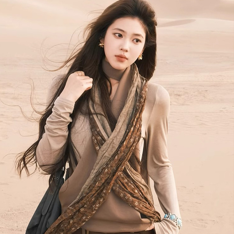 K1269 Retro floral cotton and linen scarf for women summer thin Northwest desert wasteland style travel art sunscreen silk scarf shawl