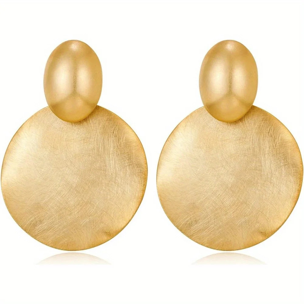 Big Disc Drop Earrings Golden Dangle Earrings Round Hammered Earring 250701