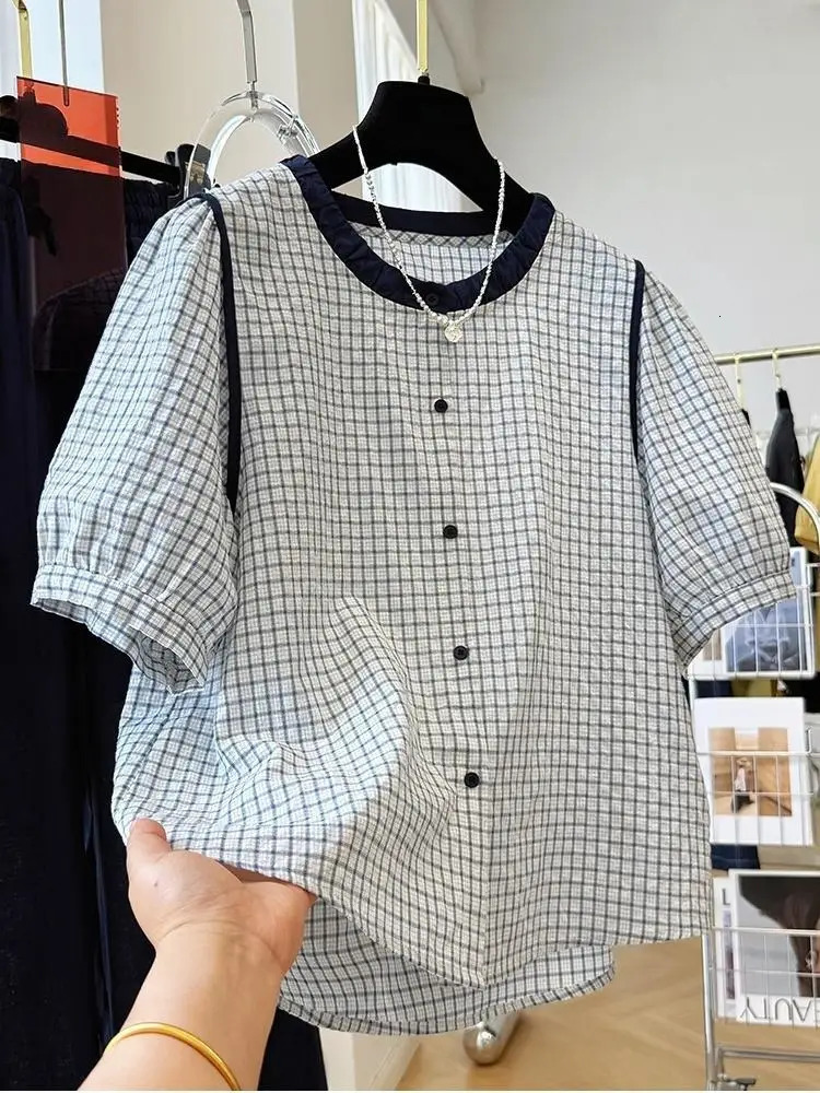 Womens Y2K Short Sleeve Plaid Button Down Shirt Blouses Tops Casual Summer 90s Streetwear w250704