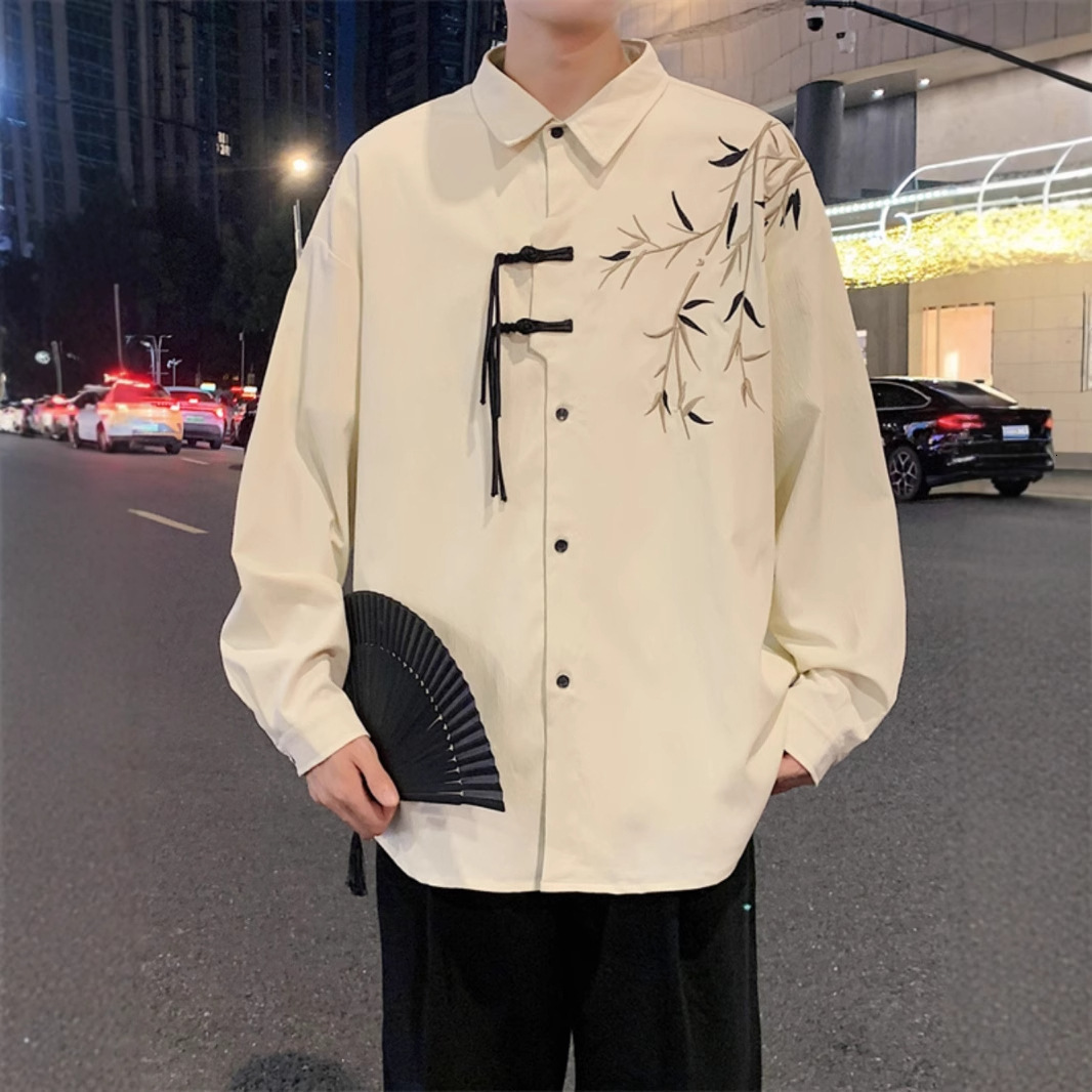 Chinese Style Green Bamboo Embroidery Long Sleeve Shirt For Men Engagement And Marriage Certificate Outfit New Chinese Designer Short Sleeves Style Sp