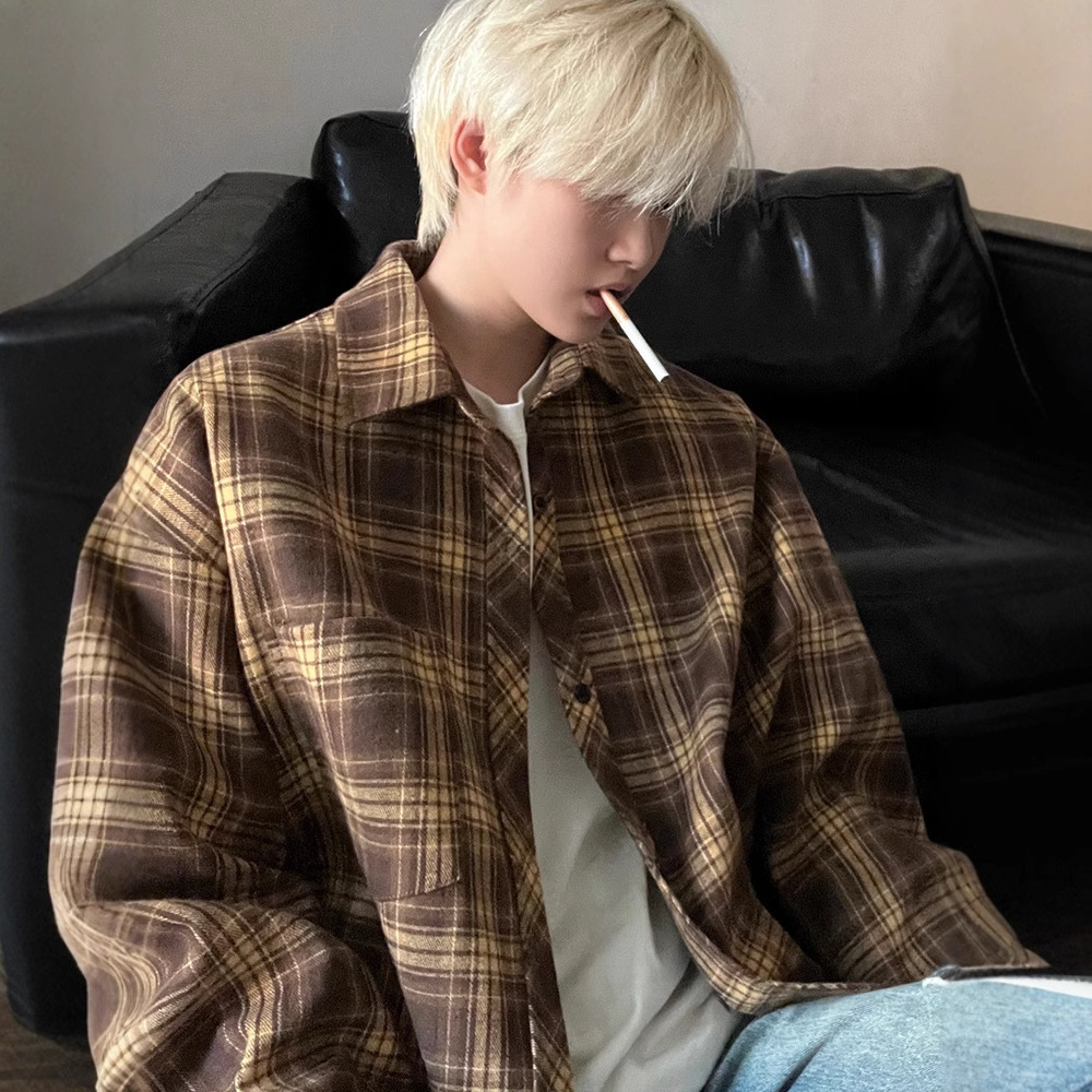 Navy Blue Long Sleeve Plaid Shirt Designer Short Sleeves Men Spring Autumn 2025 New Loose Fit Handsome Casual Turn-down Collar Shirt Jacket
