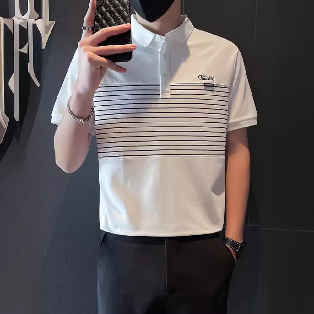 Short Sleeve Men's Polo Shirt Trendy Brand Summer New Striped Patchwork Turn-down Collar T-shirt Stylish Versatile Half Sleeve Designer Short Sle