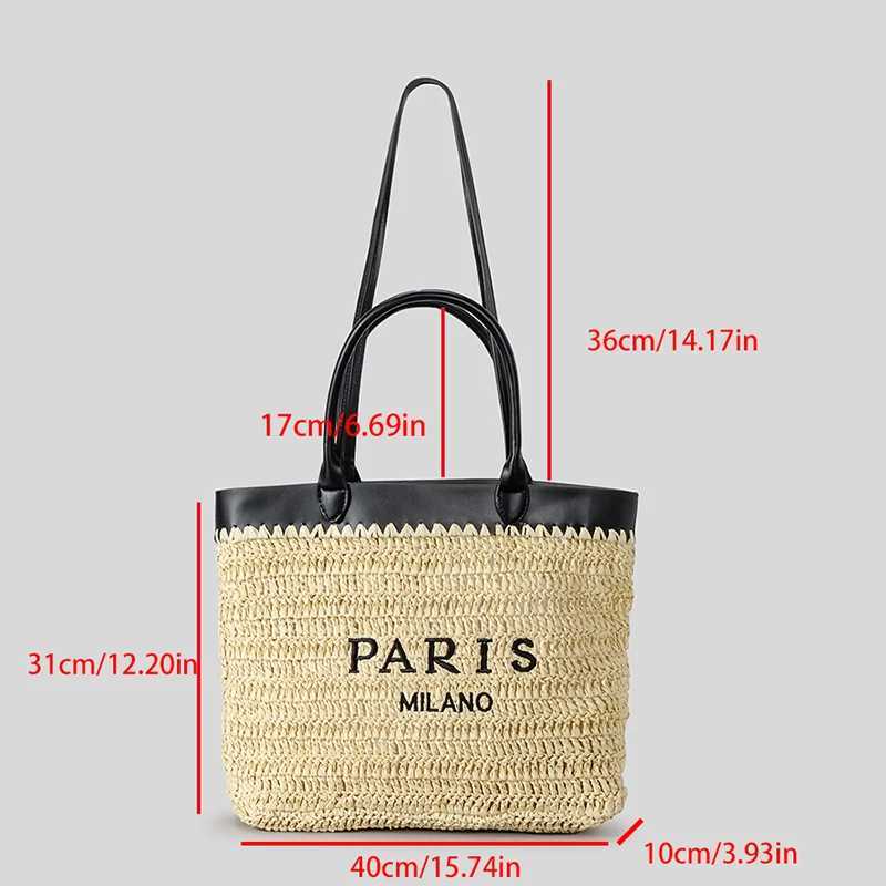 2025 Womens Fashion Splicing Straw Woven Handbag Casual Alphabet Paper Woven Handbag Shoulder Bag Z250707