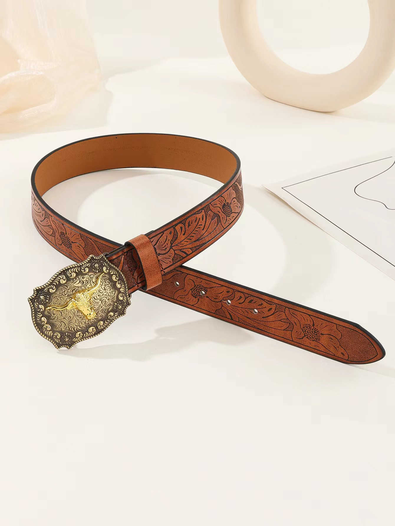 Men Women-Western-Cowboy-PU Leather-Belts - Vintage Belt Floral Engraved Buckle Belt for Jeans W250120