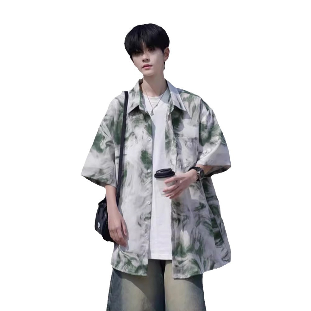 Tie-dye Short Sleeve Shirt Men Summer Designer Short Sleeves Ice Silk Seaside Floral Shirt Plus Size Loose Trendy Brand Jacket Beach Three-quarter Sle