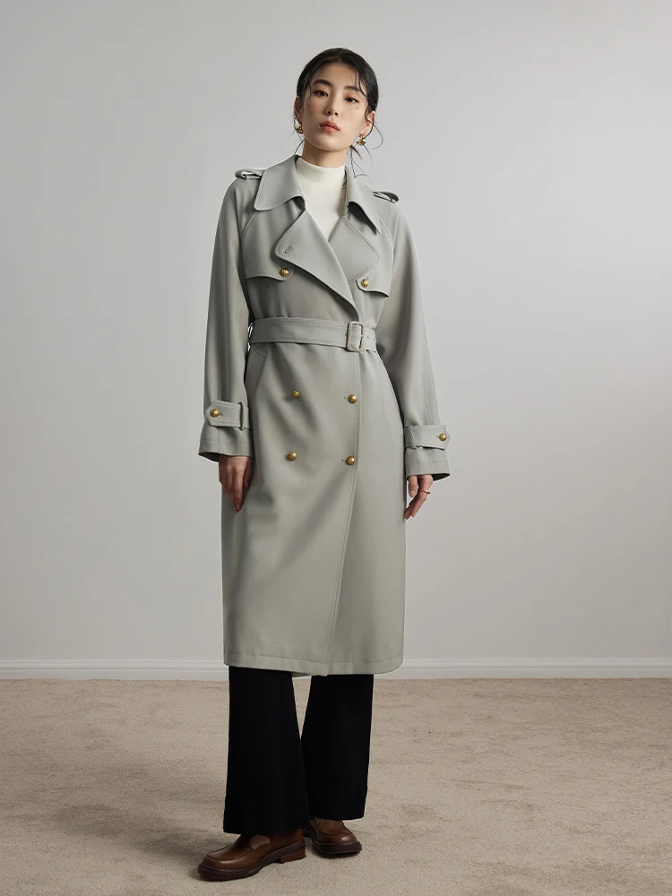 DUSHU Classic British Style Mid Length Trench Coat Autumn Retro Style Jacket For Women Grey Casual Loose Women Trench 250703