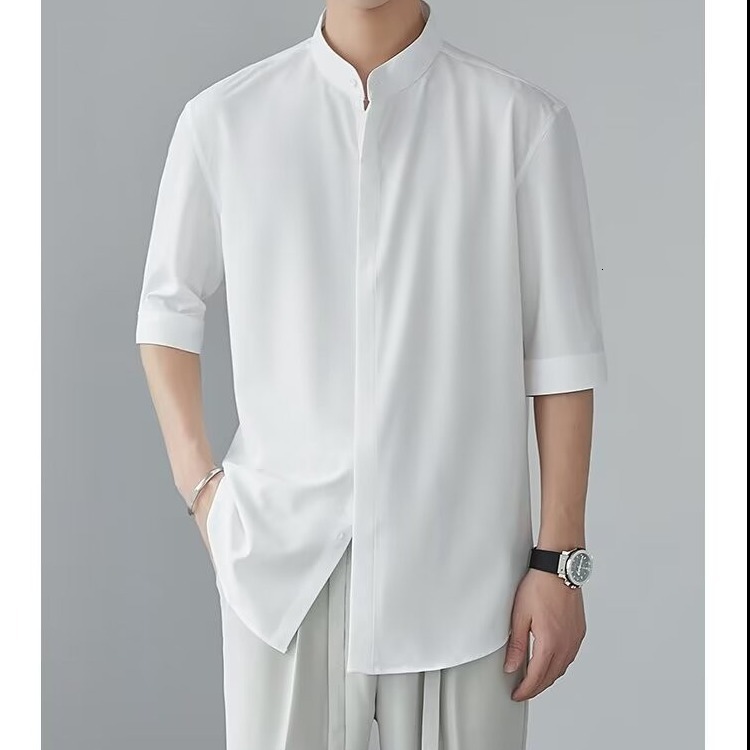 New Chinese Style Stand Collar Short Sleeve Shirt For Men, Early Designer Short Sleeves Autumn New Niche Shirt With High-end Feel, Ice Silk Draped Mid