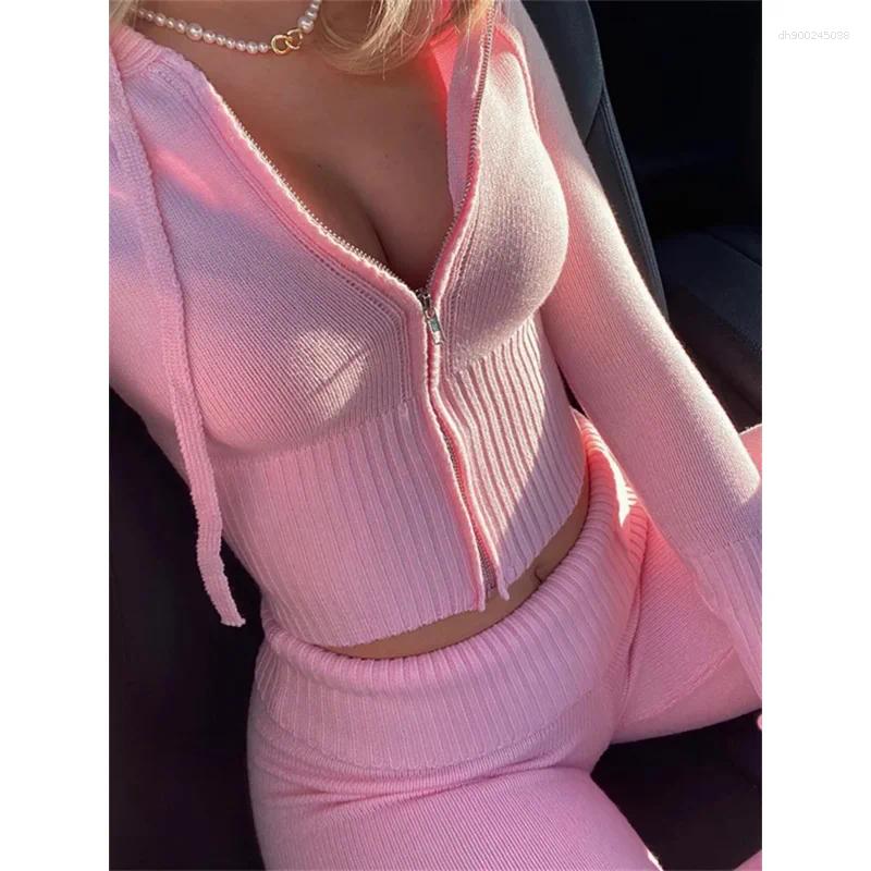 Women's Tracksuits Taruxy Women Spring Outfits Casual Zipper Sweater Hoodie Set High Waist Flare Pants Suits Pink Knitted Womens Y2k