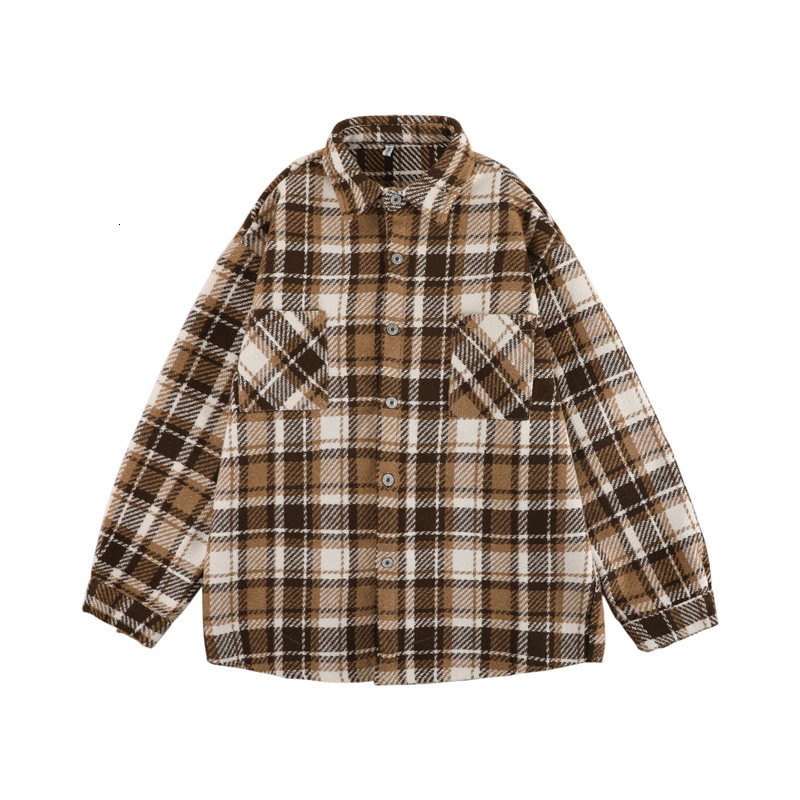 Woolen Plaid Lapel Jacket Men Hong Kong Style City Boy Shirt Jacket Spring Autumn Loose Designer Short Sleeves Versatile Youthful Shirt