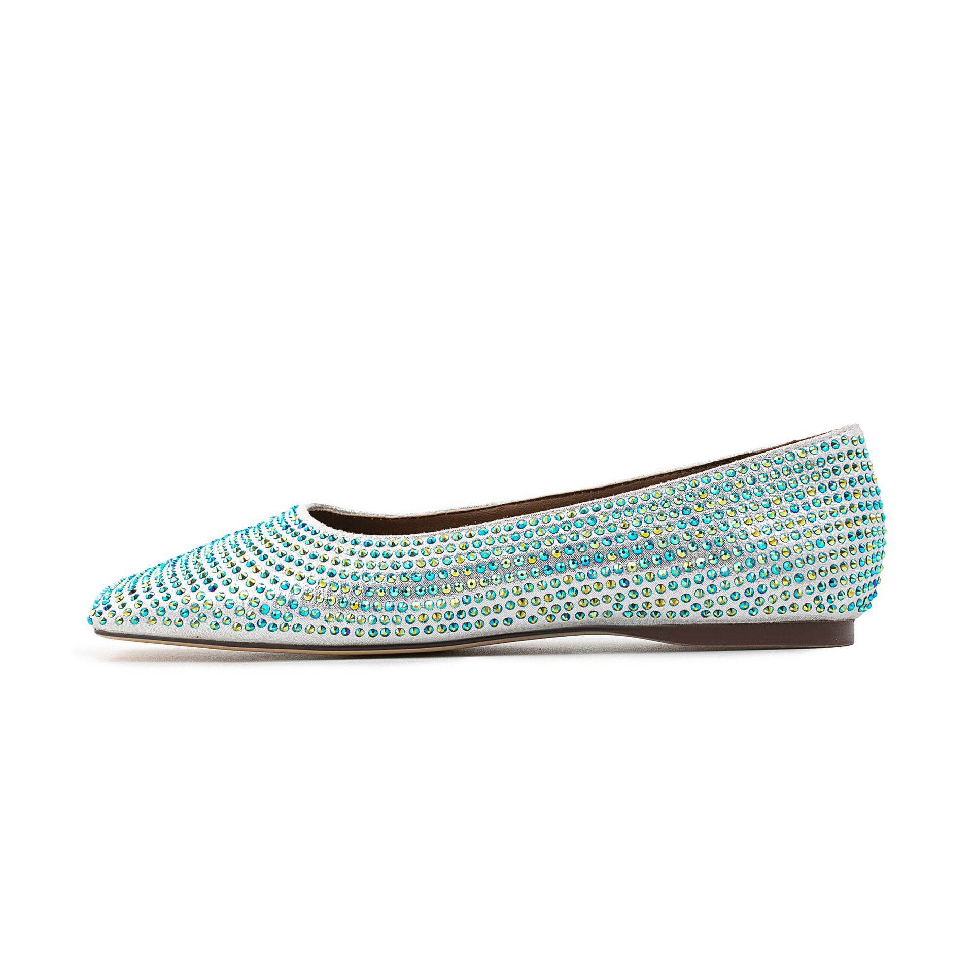 Women's Silver Suede Square-Toe Ballet Flats - Full Rhinestone Accent Wide Width Slip-Ons, Faux Suede Comfort Flats