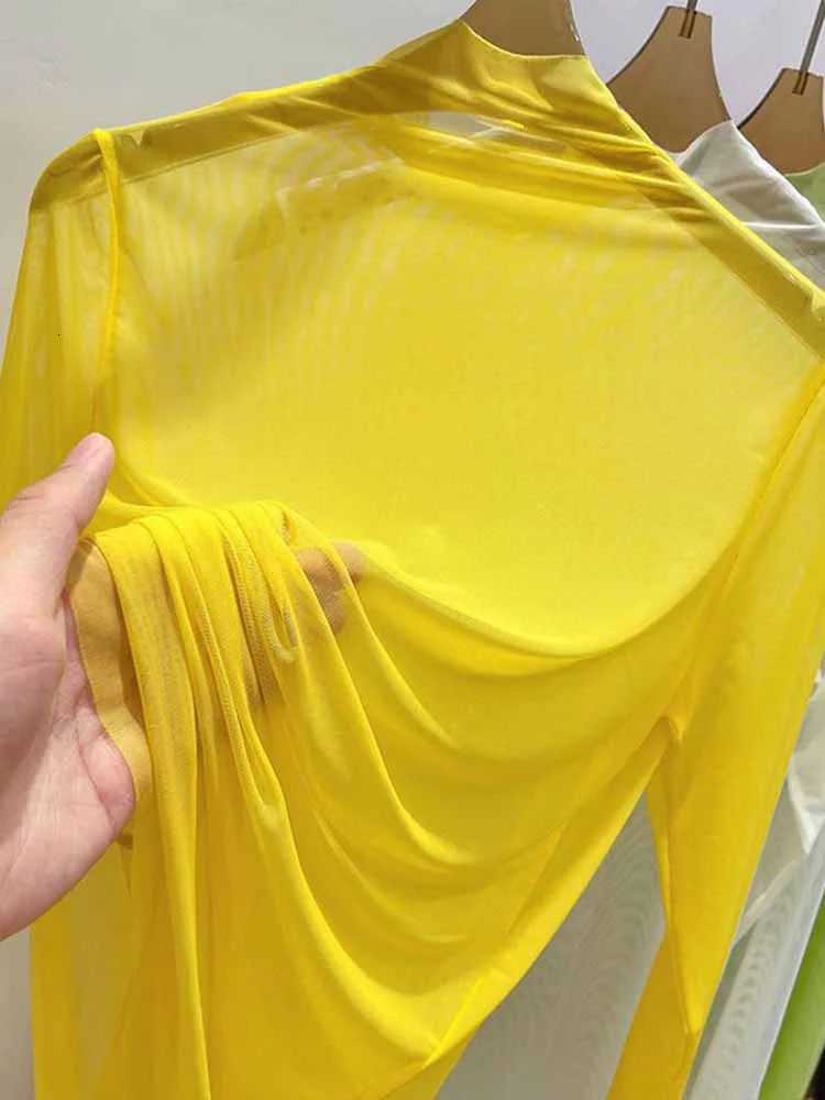 Transparent Gauze Bottoming T-shirt Women Clothing Summer Long Sleeved T-shirt with Gauze Shirt Half High Collar Sunscreen 250703