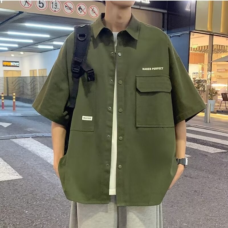 Japanese Style Fresh Men's Loose Button Design Five-sleeve Shirt Designer Short Sleeves Youth Summer Trendy Brand New Short Sleeve Shirt Trend