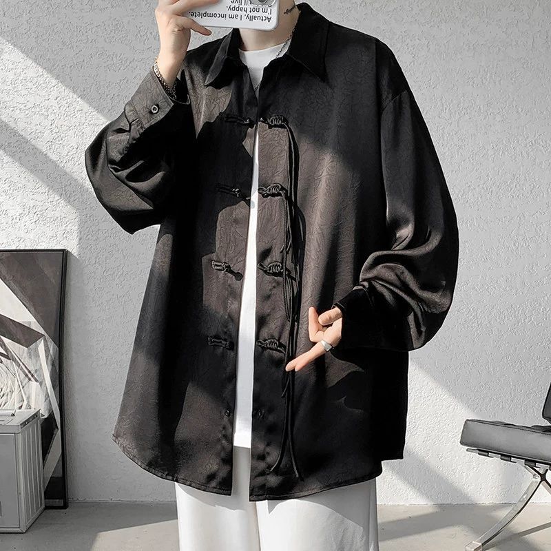 Black Shirt For Men New Chinese Style Button Design High-end Feel Smooth Jacquard Unisex Stand Designer Short Sleeves Collar Shirt Jacket