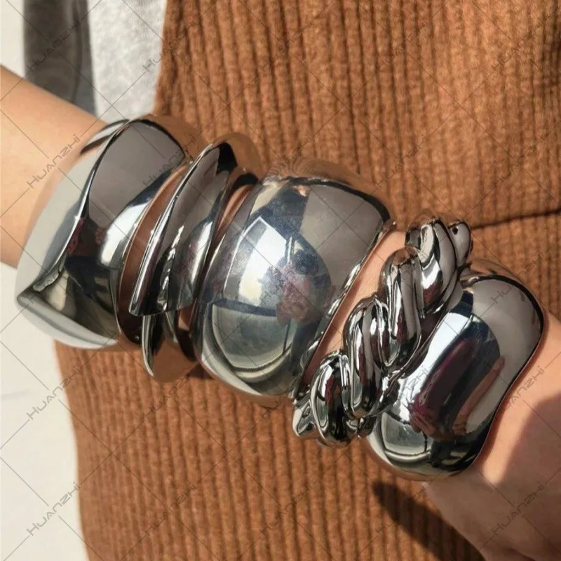Exaggerated Silver Color Wide Geometric Irregular Cuff Bangle Punk Spring Open Bangle Bracelets Chunky Statement Jewelry 250701