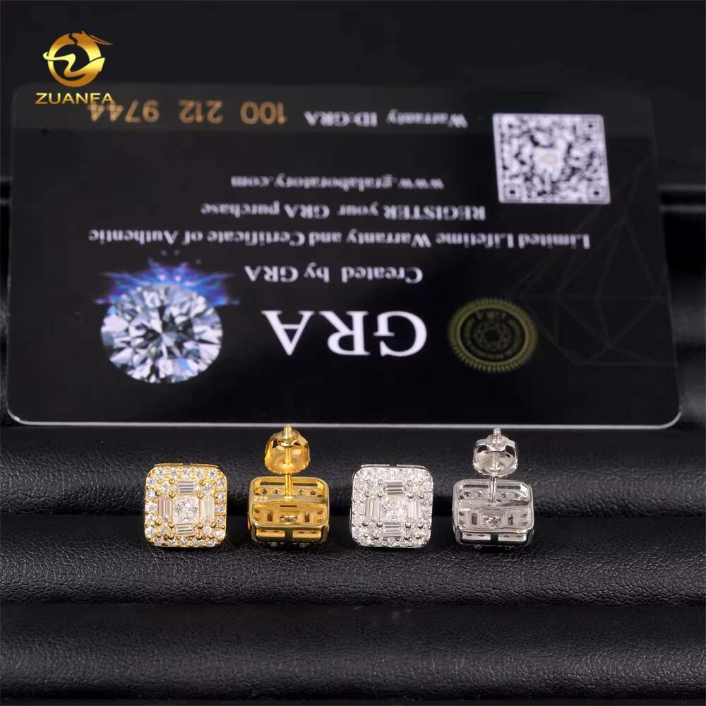 GRA Certificate Hip Hop Screw Back Iced Out Moissanite 925 Sterling Silver Square Mens Diamond Earrings