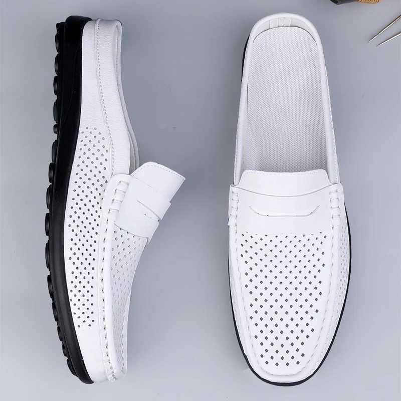 Mens Breathable Casual Leather Shoes Summer Outdoor Anti-Slip Soft Sole Comfort Walking Shoes Business Hollow Out Leather Shoes Y250707