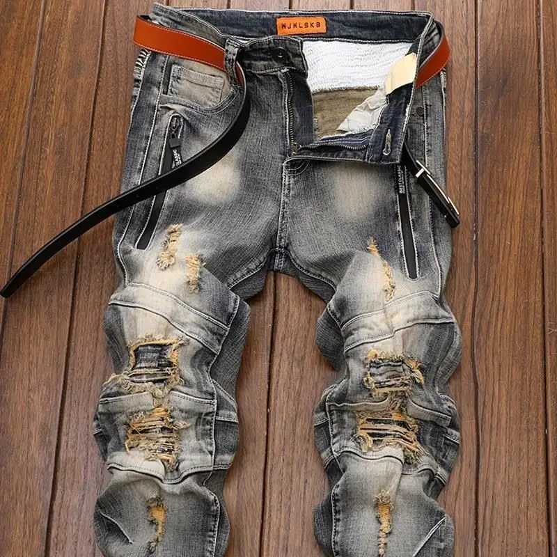 Luxury Mens Classic Jeans Straight Pants Autumn and Winter Retro Ripped Hole Denim Trousers Motorcycle Work Pants for MenXJ250707