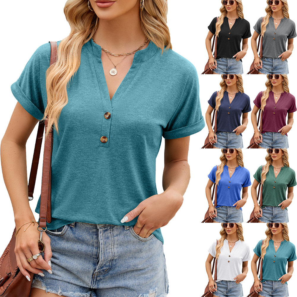 Designer Fashion Trend Free Shipping Women's Plus Size European and American Cross-Border Trade 2025 Spring Summer New Solid Color V-Neck Button 