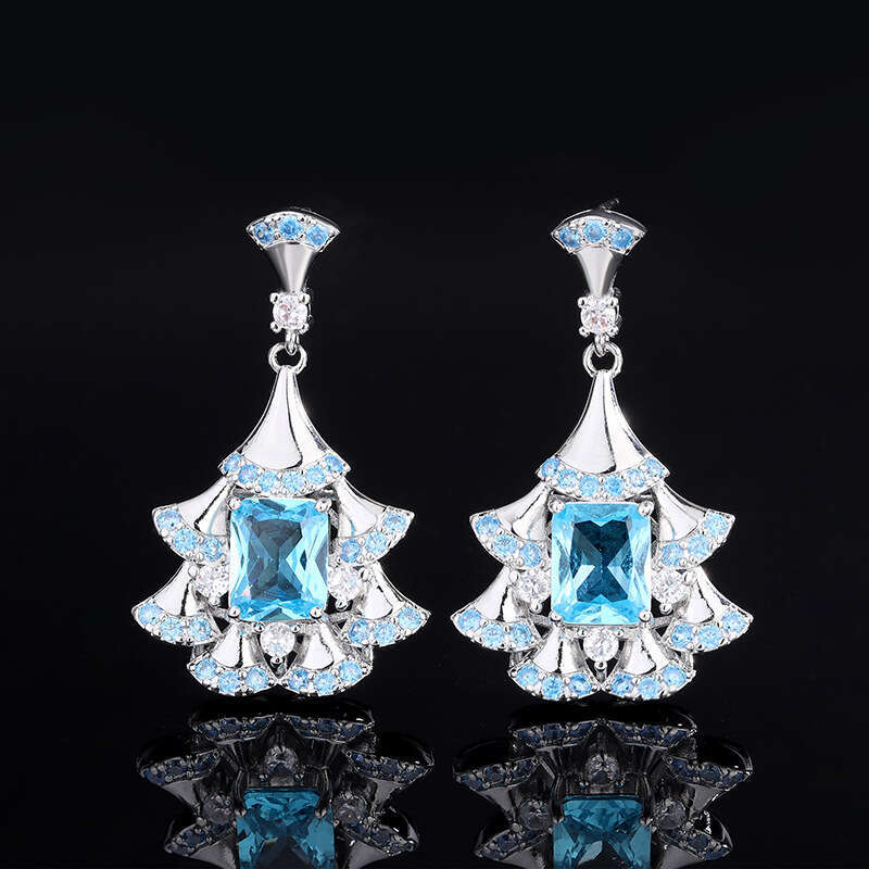 Recommended Light High-End Fan-Shaped Paraiba Blue Drop Earrings Elegant Fairy Studs B55