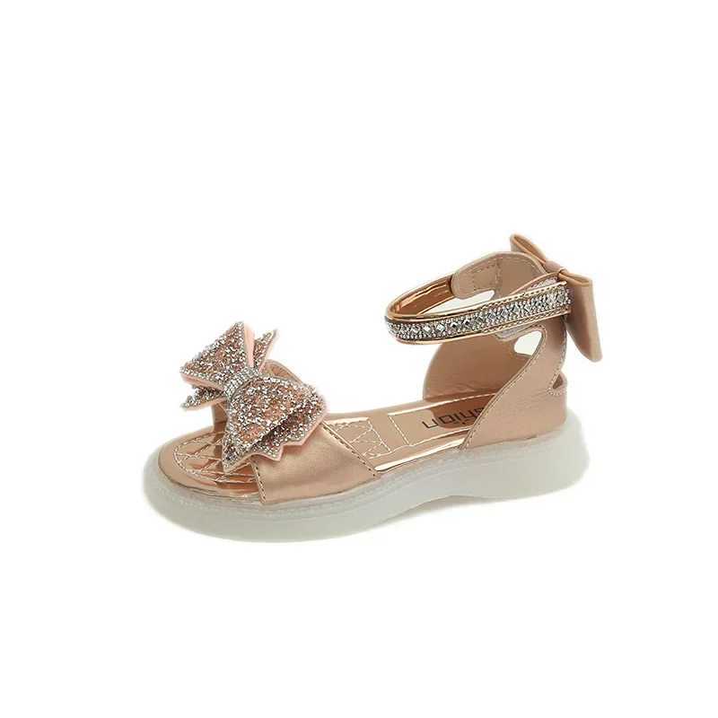 Girls Princess Sandals 2024 Summer New Baby Sparkly Rhinestones Bow Shoes Fashion Non-slip Flat Childrens Sandals Boots G05283 R250707