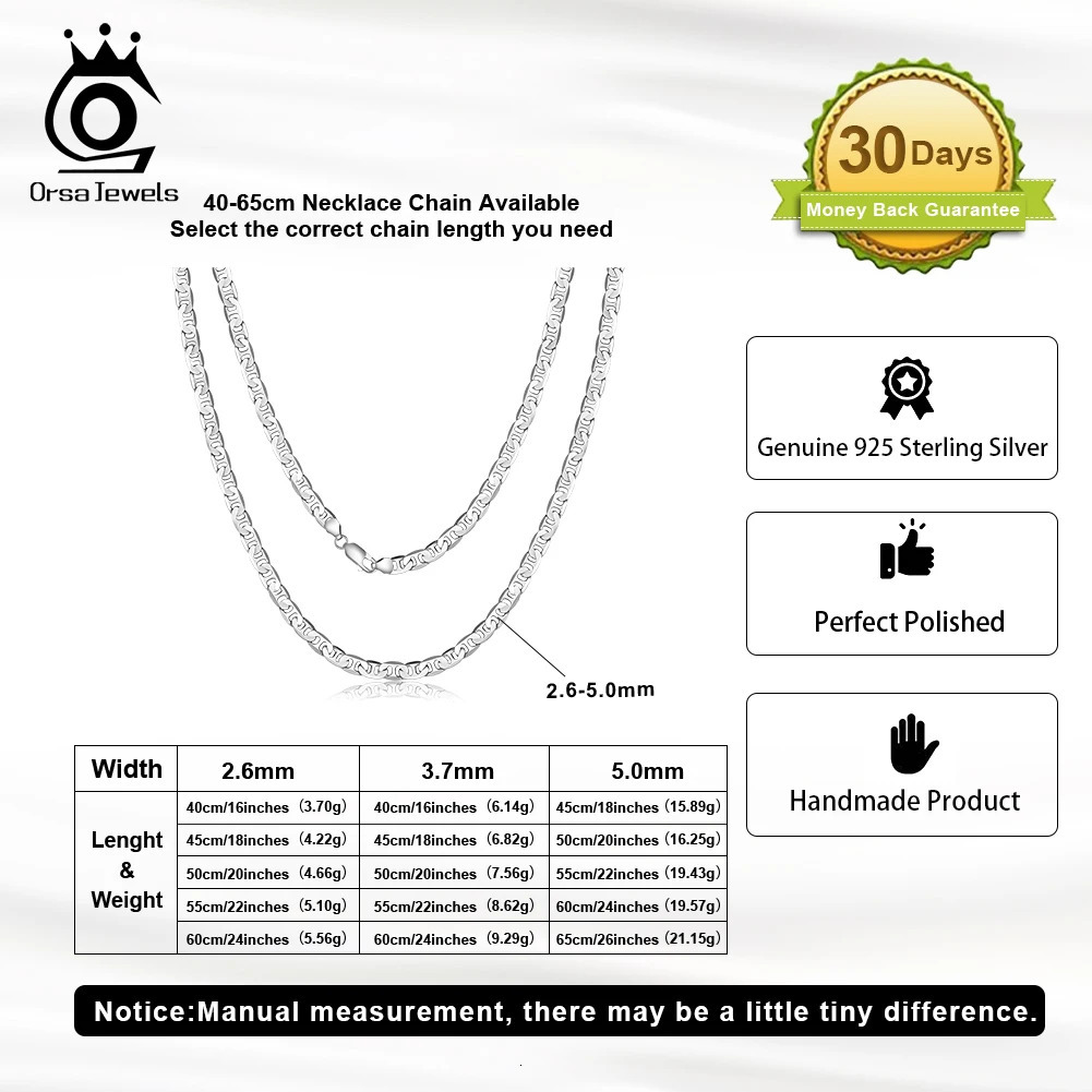 ORSA JEWELS 100% 925 Sterling Silver 2.6mm 3.7mm 5mm Simple Flat Mariner Choker Necklace Italian Flat Mariner Chain 40-65cm SC78 250702