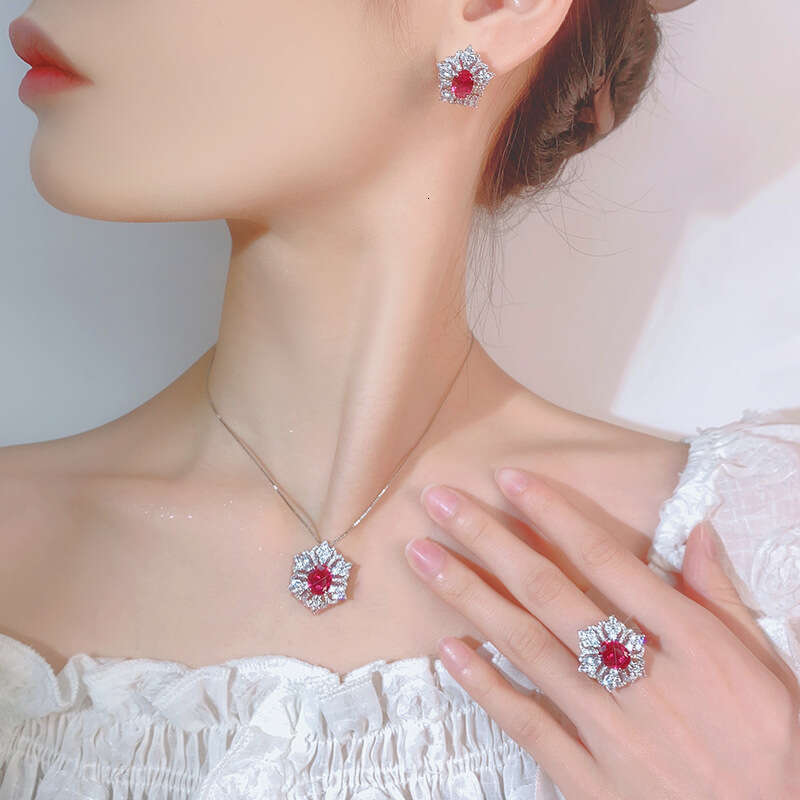 Huayoumei Jewelry Set Earrings Necklace Ring Light Heavy Craft Sparkling Pigeon Red Series For Women 010