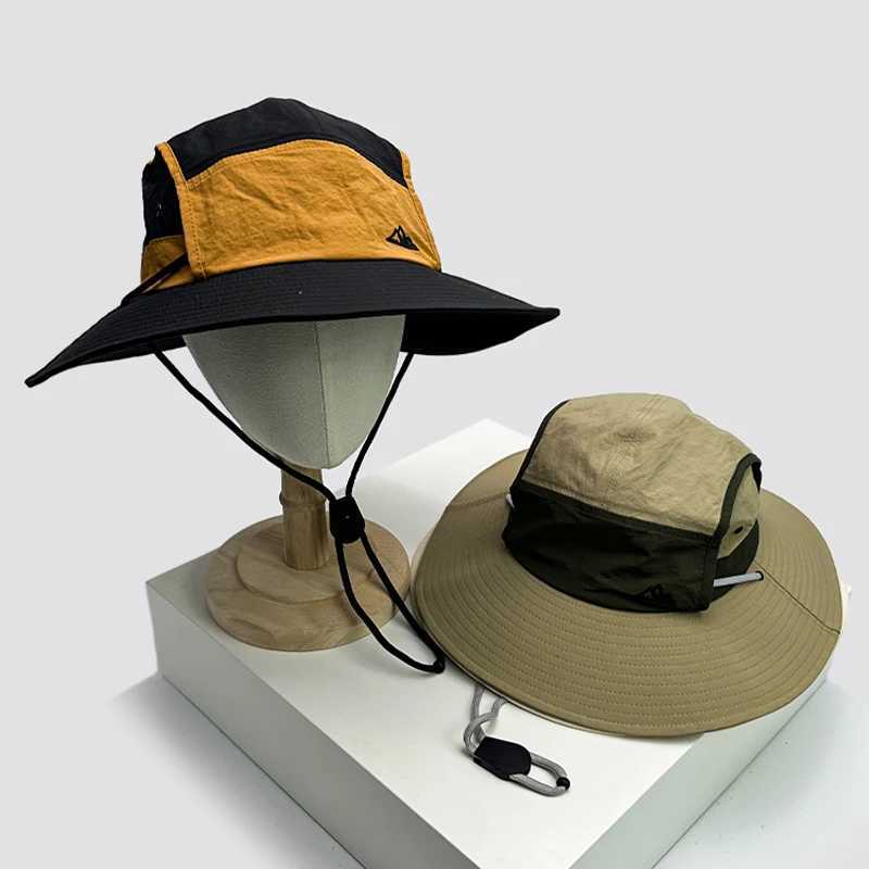 New Unisex Quick Drying Retro Bucket Hats Color Block Sunshade Outdoor Breathable Drawstring Casual Alpine Cap Versatile Fashion Y250707