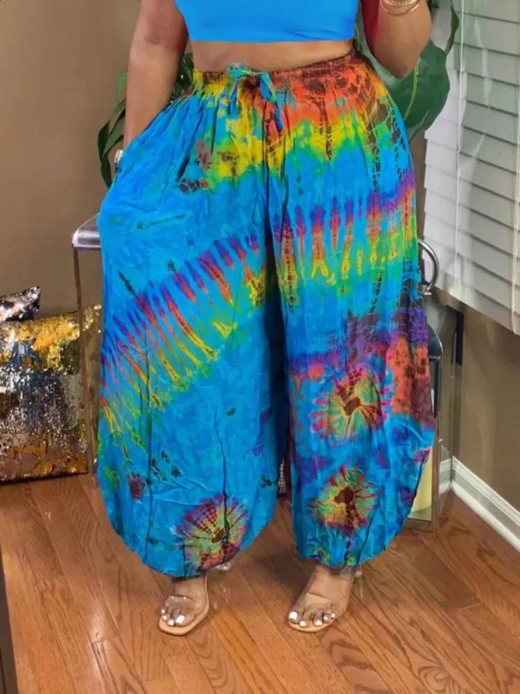 Plus Size 1XL5XL Women Fashion Tie Dye Comfort Wide Leg Pants Female Casual Vacation High Waisted Loose Long Trousers 250628