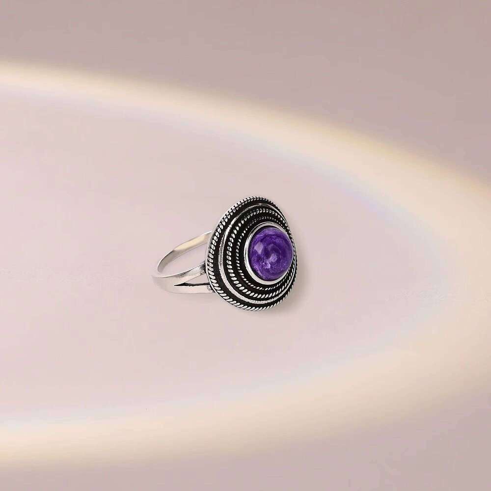 fashion Natural Charoite Beads Women's Silver Jewelry Ring Delivery