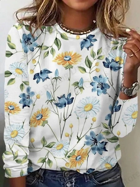 Floral 3D Print T-Shirt Casual Crew Neck Long Sleeve T-shirt Womens Clothing Fashion Casual Oversized Tops Tees Female 250703