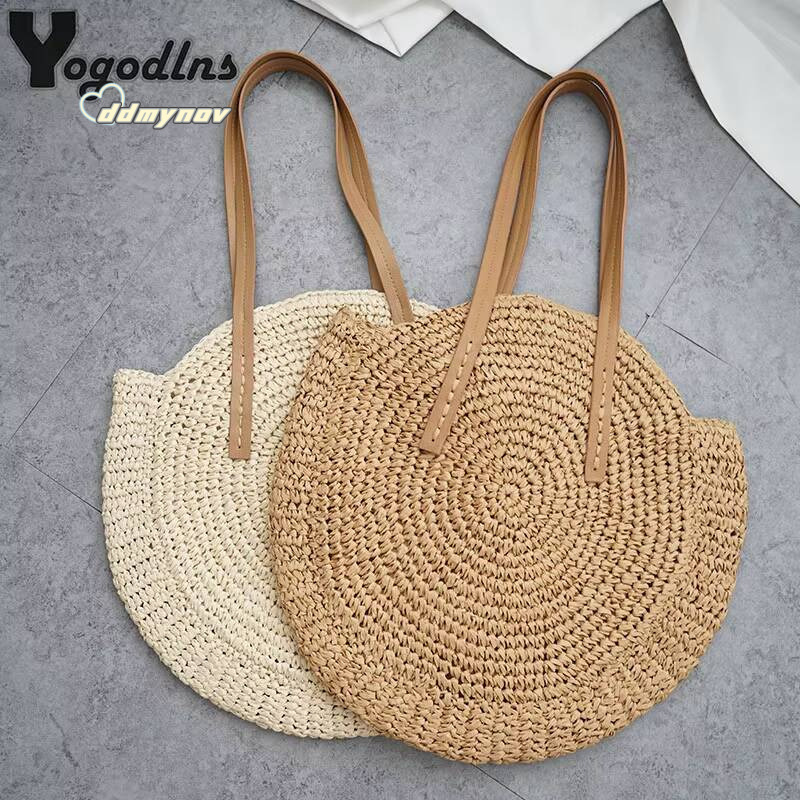 Round Straw Beach Vintage Handmade Woven Shoulder Bag Raffia circle Rattan bags Bohemian Summer Vacation Casual Bags ddmynov