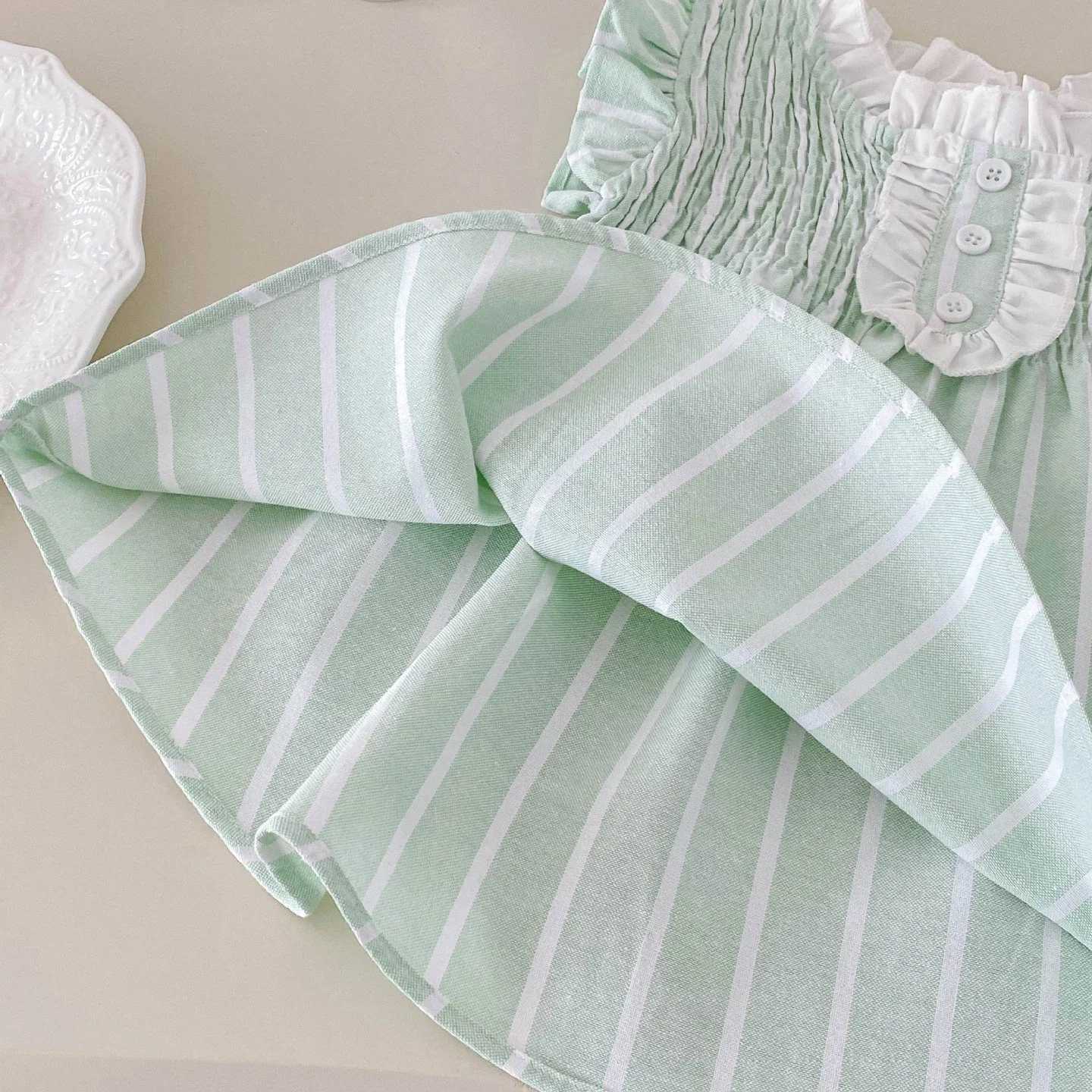 2025 Summer New Korean Style Fashionable Sweet Girls Light - Green Ruffled - Lace Sleeves - Cotton Princess Dress with Collar R250707