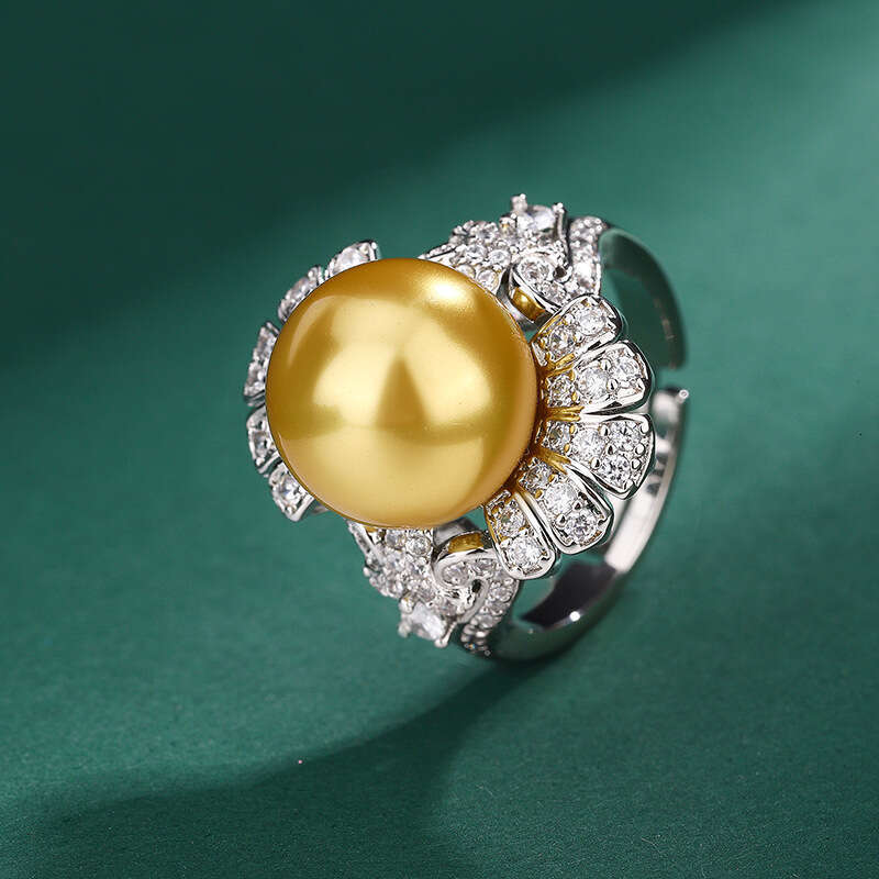 Huayoumei Jewelry Imitation Natural French Style Flower Inlaid Diamond White Index Finger Yellow Shell Pearl Ring 843