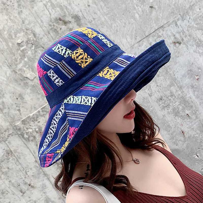 Hat Womens Summer Big Edge Double-Sided Sunshade Bucket Hat Korean Version Versatile Ethnic Style Travel Sun Protection Cap Y250707