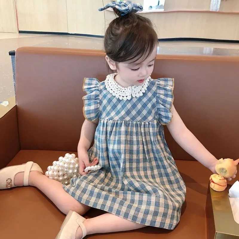 Girls Dress Summer New Fashionable Female Baby Korean Lace Plaid Dress Sleeveless Childrens Princess Dresses R250707