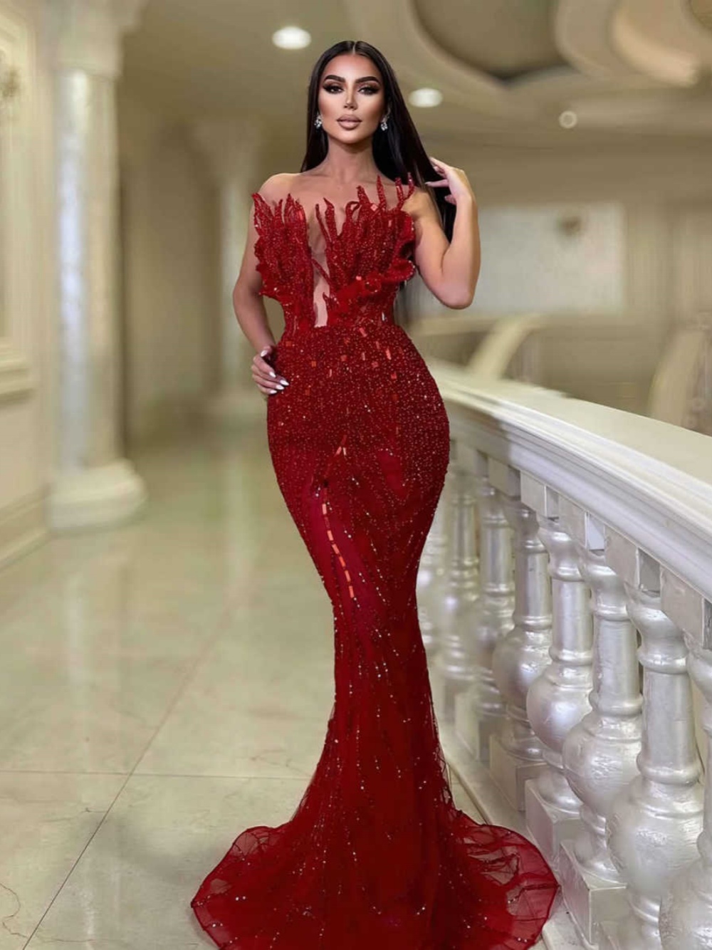 Exquisite Red Mermaid Evening Dress Strapless Sleeveless Beading Sequins Prom Gowns Floor Length Formal Dresses Customized