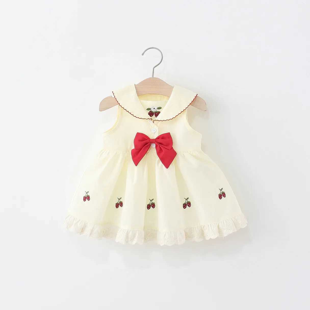 Baby Girl Summer Dress Red Checkered Cotton Sleeveless Cute Cherry Embroidery Bow Girl Princess Dress R250707