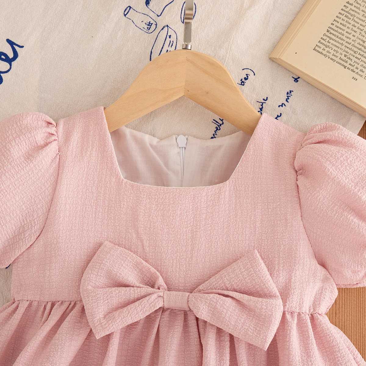 Baby Girl Dress Summer Bow Solid Color Square Neck Bubble Sleeve Simple Girls Dress Cute Casual Baby Girl Clothing R250707