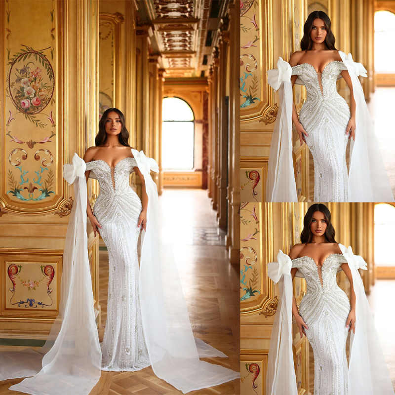 Off The Shoulder Crystal Wedding Dresses Fashion Beading Lace Mermaid Gown Floor Length vestidos de novia Customized