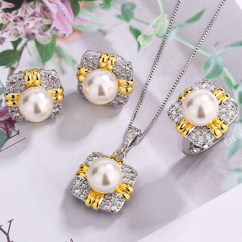 Elegant Ring Necklace Pearl Earrings Light High-End Minimalist Style Collarbone Chain Women's Three-Piece Set B3e