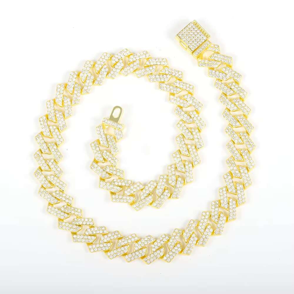 Moissanite Cuban Link Chain 15MM Diamond Gold Plated Alloy Fashion Jewelry Hip Hop Necklace Bracelet for Men