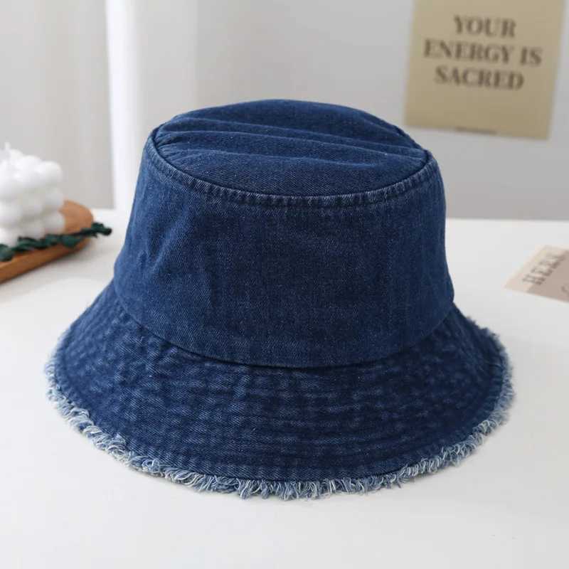 Spring and Summer New Vintage Solid Color Fringed Denim Fisherman Hat Womens Washable Versatile Face Covering Bucket Basin Hat Y250707