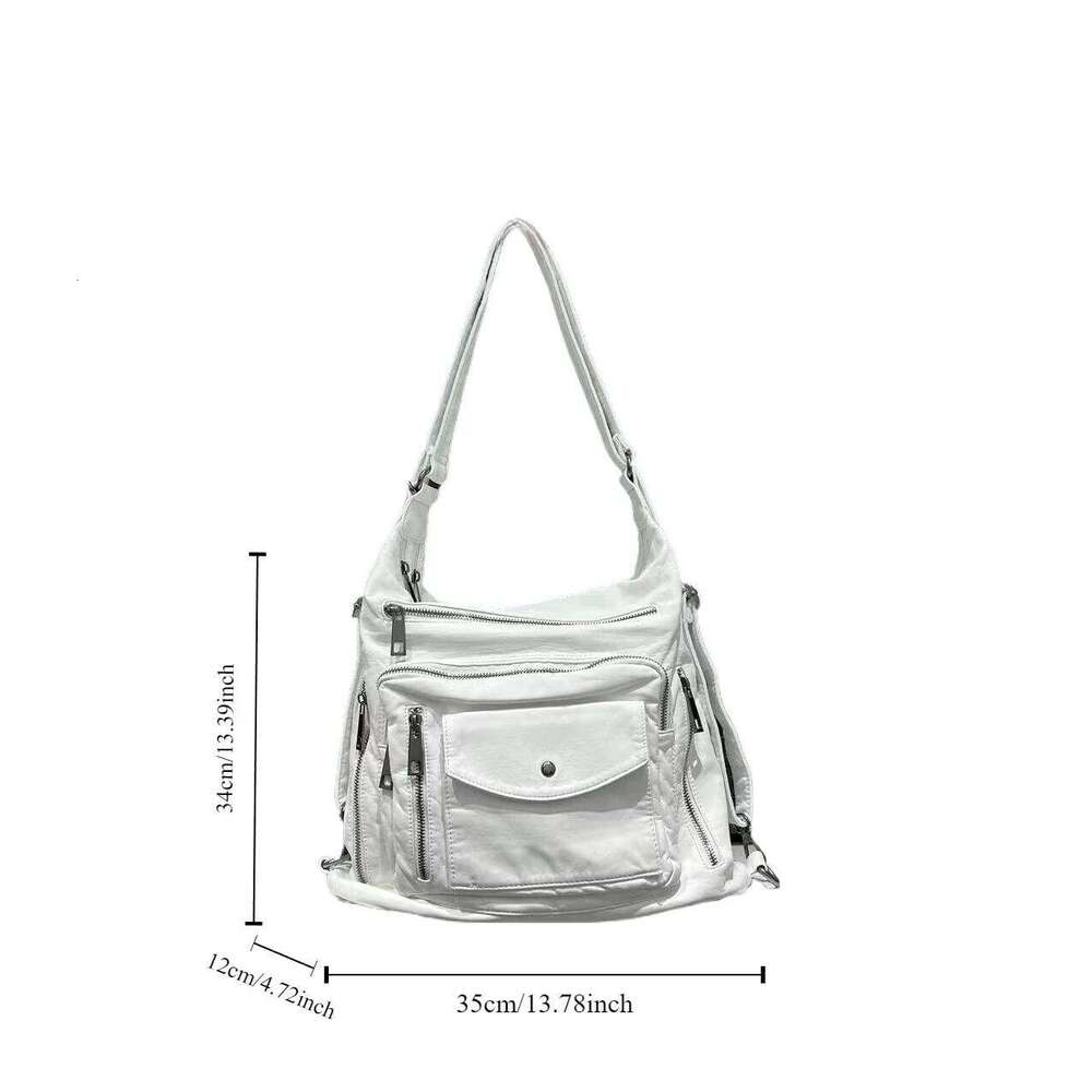 Women's Fashion Multi-Pocket Motorcycle Shoulder Bag Large Capacity Retro Washed Crossbody Backpack
