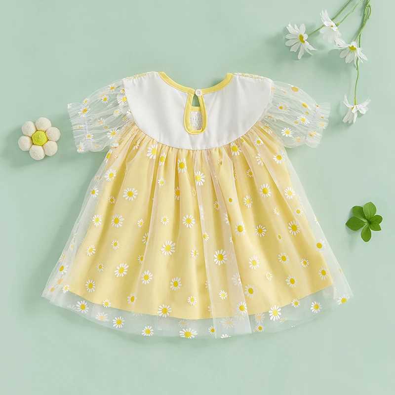 Kids Baby Girls Party Dress Short Sleeve O Neck Daisy Print Tulle Sweet Dress Newborn Clothes R250707