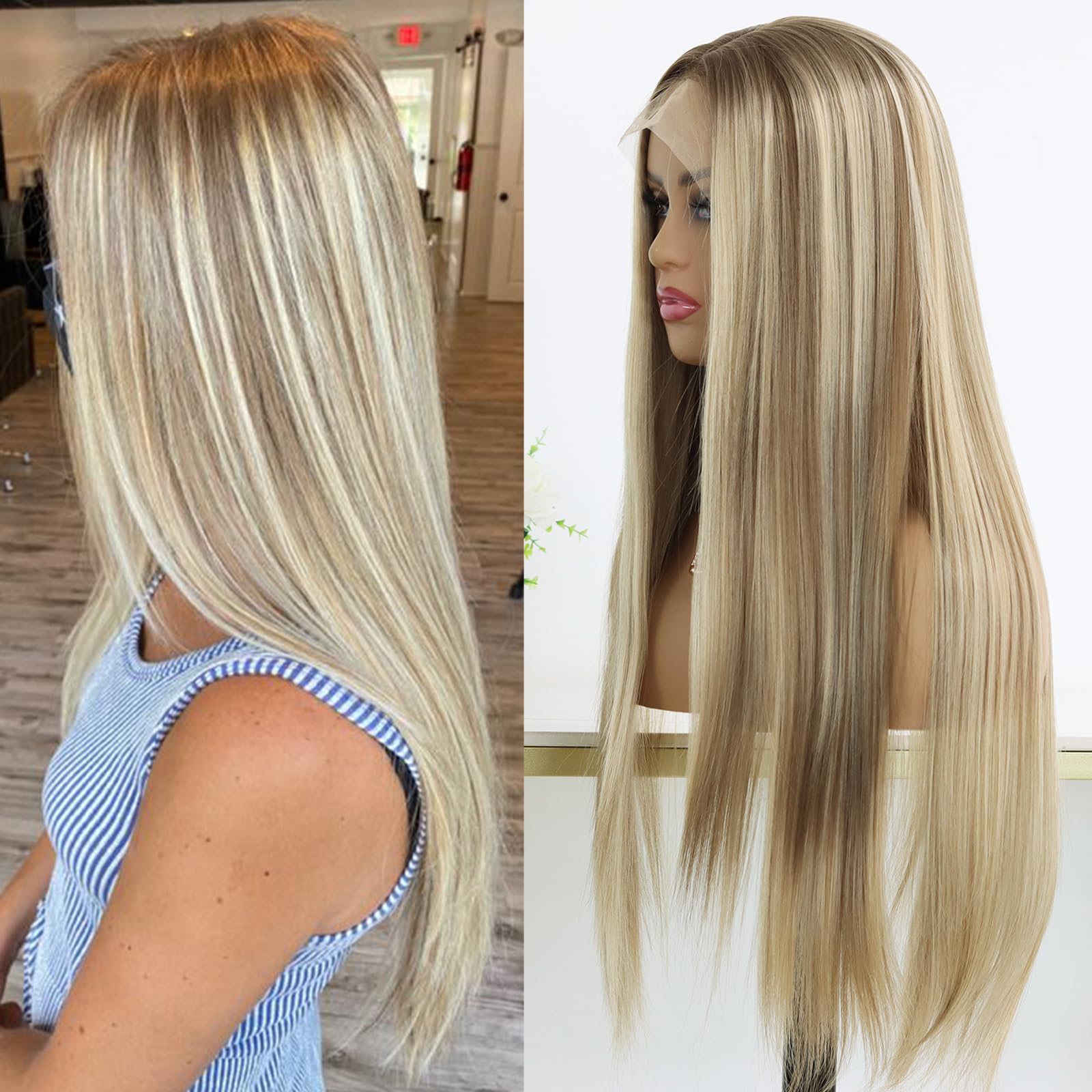 280 Density Highlight Blonde Colored Simulation Human Hair Brazilian Wig HD Transparent Straight Lace Front Wigs Preplucked Line Synthetic 13X4 Bone S